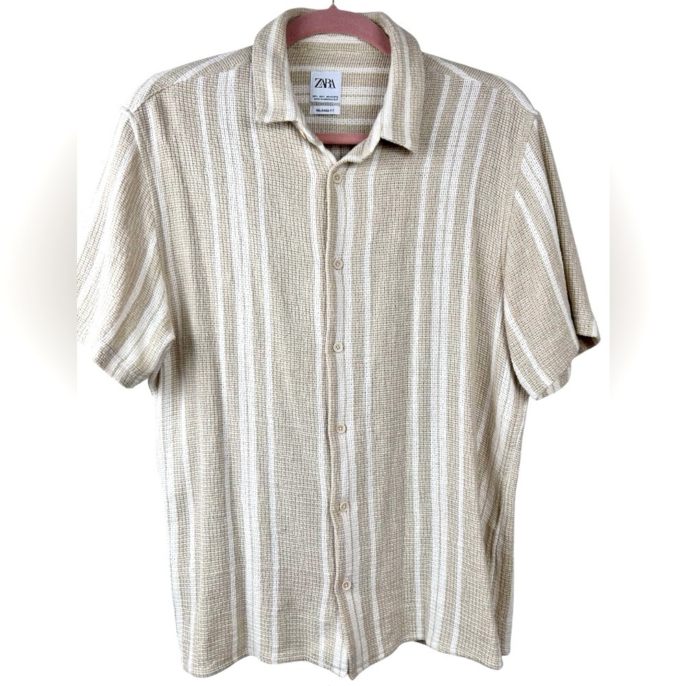 Zara Beige and White Striped Casual Button Down Shirt